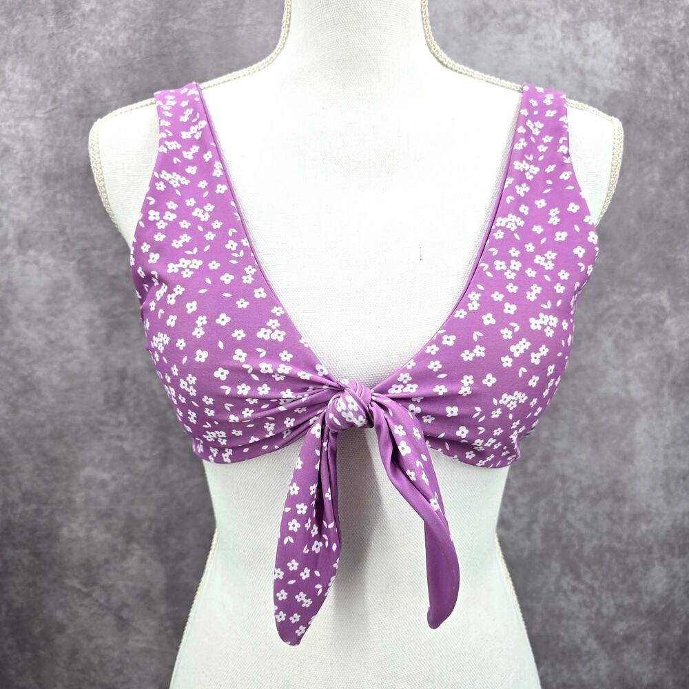 Purple White Floral Tie‎ Front Padded Bikini Top Swimwear Medium